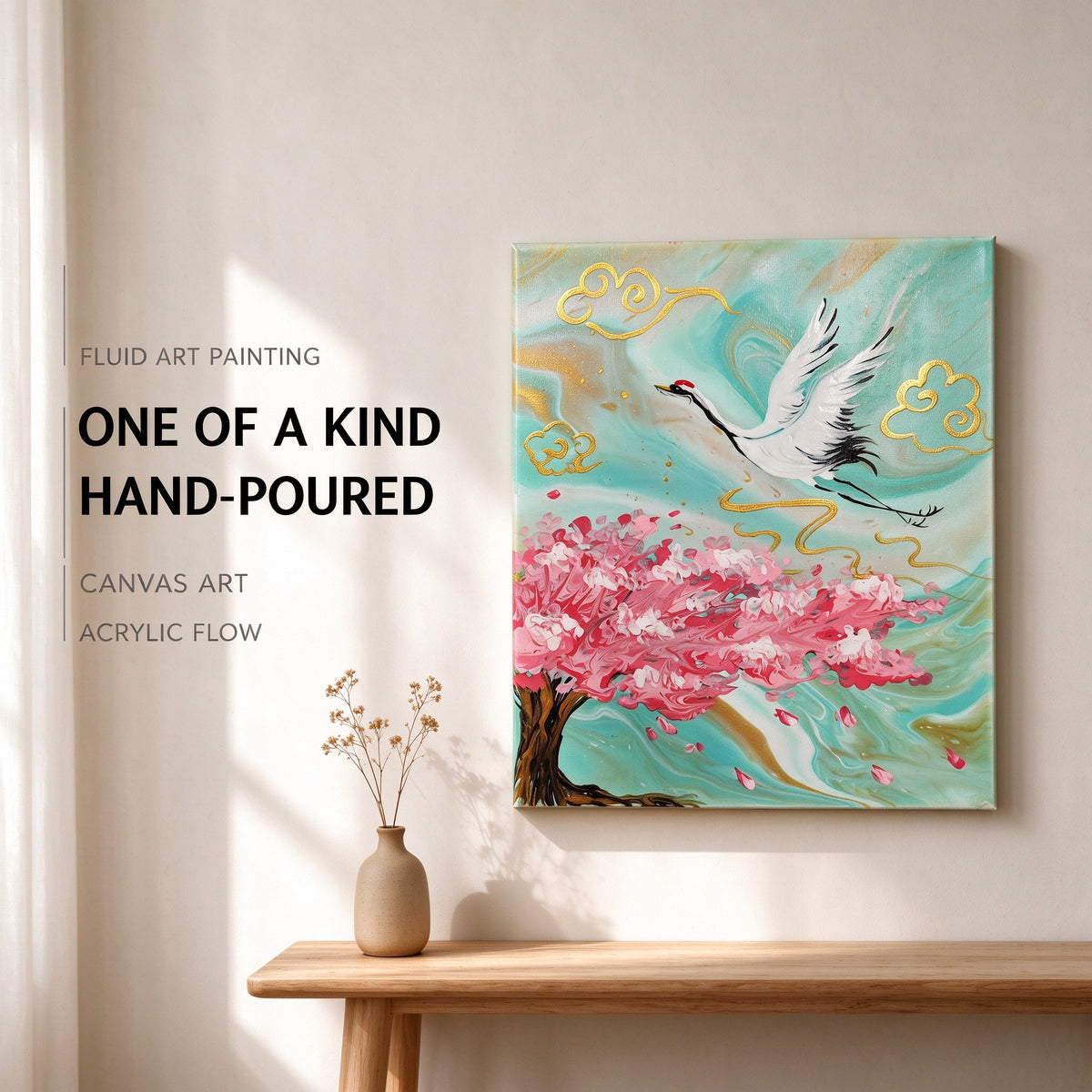 Crane's Whisper Fluid Art Painting
