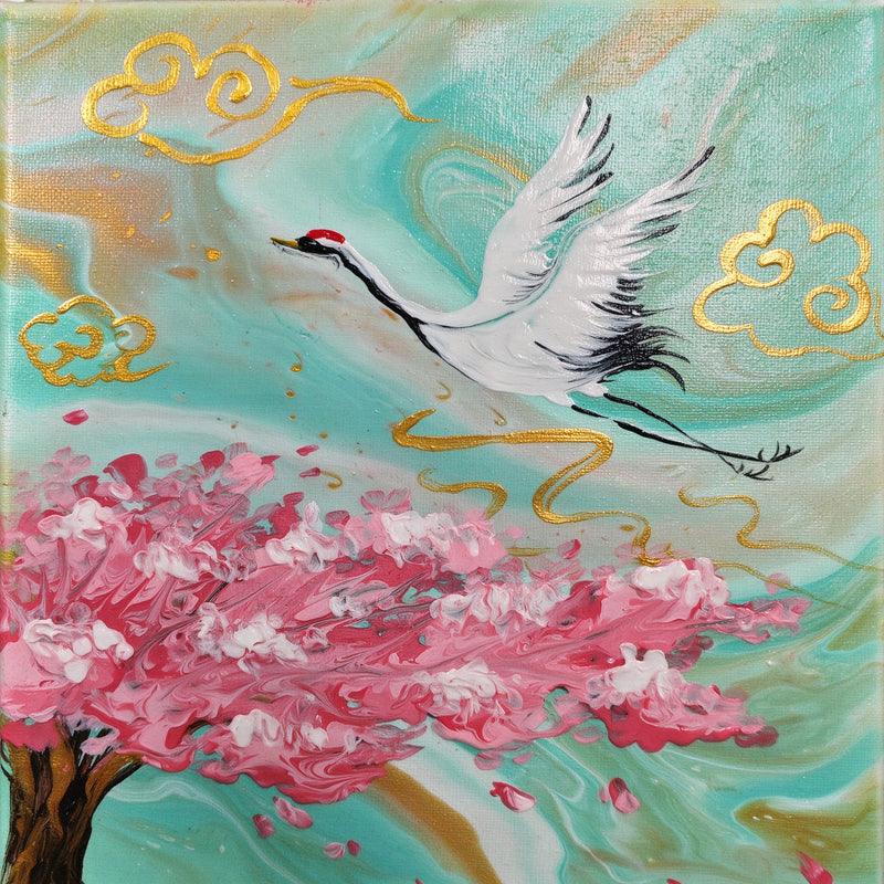Crane's Whisper Fluid Art Painting