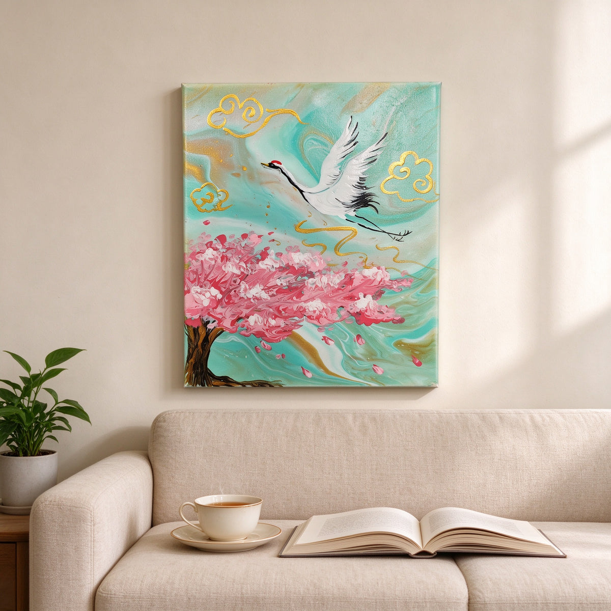 Crane's Whisper Fluid Art Painting